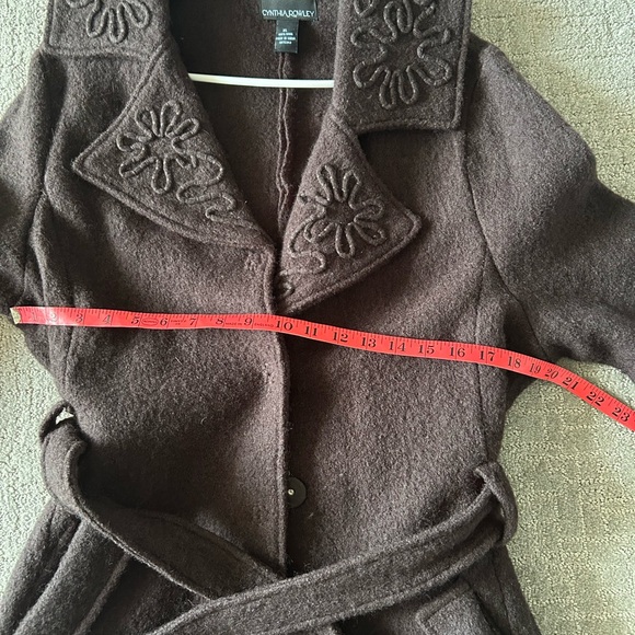 NWOT Cynthia Rowley Dark Brown Trench Coat with Floral Design Belted Wool XL NEW - Picture 6 of 11